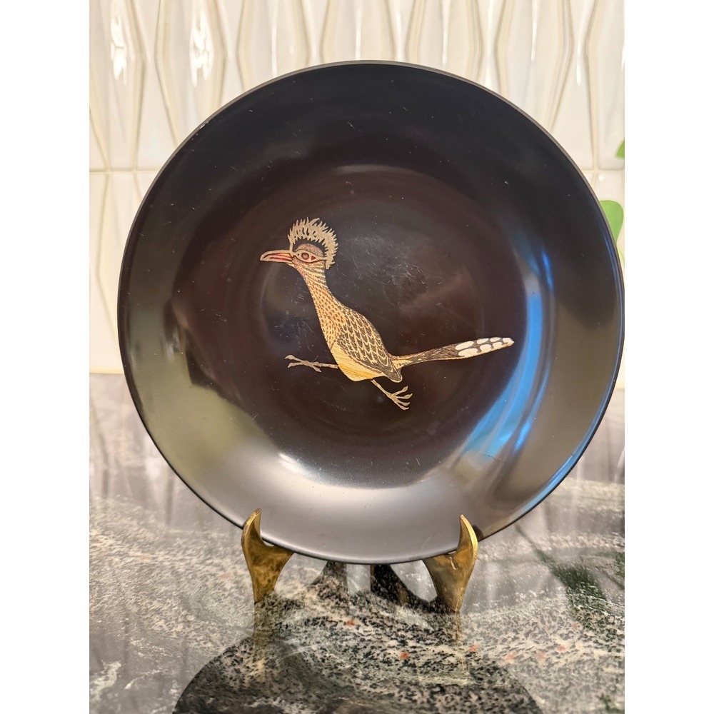Vintage Couroc of Monterey Roadrunner Black Plate/Trinket Dish/Decor - 8"